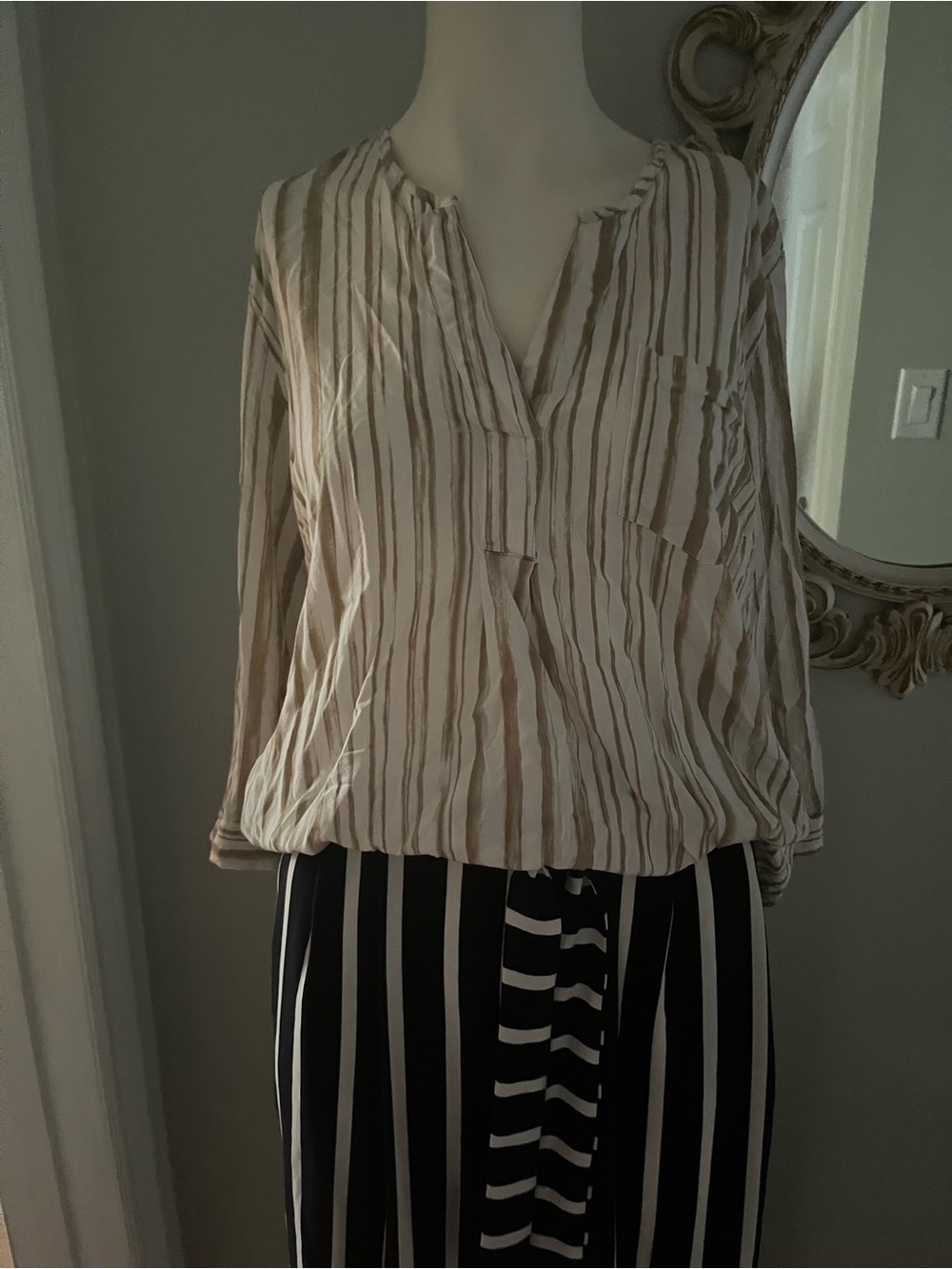 Cream and Beige Vertical-Stripe V-Neck Blouse